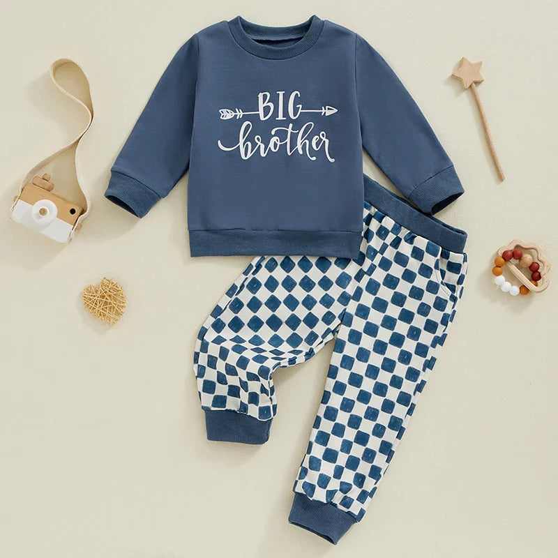 TODDLER KIDS BOYS GIRLS 2PCS BIG BROTHER / SISTER LETTER PRINT LONG SLEEVE TOP WITH ELASTIC WAIST CHECKERED PRINT PANTS SET OUTFIT