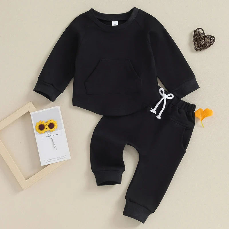 TODDLER BABY BOY GIRL 2PCS SET CREWNECK SOLID COLOR LONG SLEEVE TOP WITH POCKET JOGGER PANTS OUTFIT