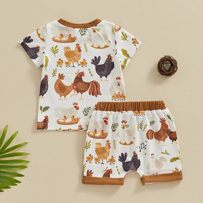 TODDLER BABY BOY 2PCS FARM CLOTHES CHICKENS ANIMALS PRINT SHIRT SHORTS OUTFIT SET