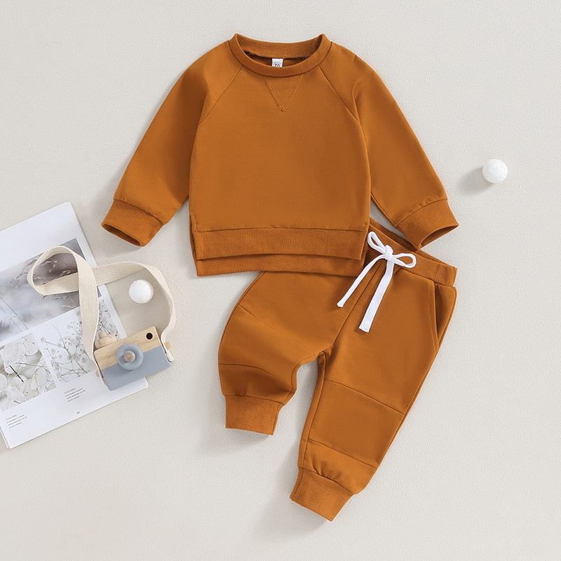 TODDLER BABY BOYS GIRLS 2PCS FALL OUTFITS LONG SLEEVE SPLIT HEM TOPS POCKET PANTS SOLID COLOR CLOTHES SETS