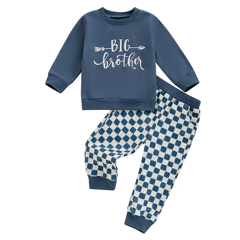 TODDLER KIDS BOYS GIRLS 2PCS BIG BROTHER / SISTER LETTER PRINT LONG SLEEVE TOP WITH ELASTIC WAIST CHECKERED PRINT PANTS SET OUTFIT