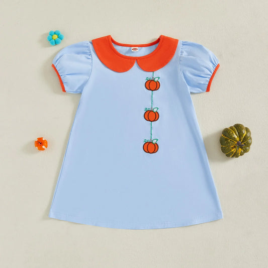 TODDLER KIDS GIRL HALLOWEEN DRESS SHORT SLEEVE ROUND NECK PUMPKIN EMBROIDERY DRESS KID A-LINE DRESS