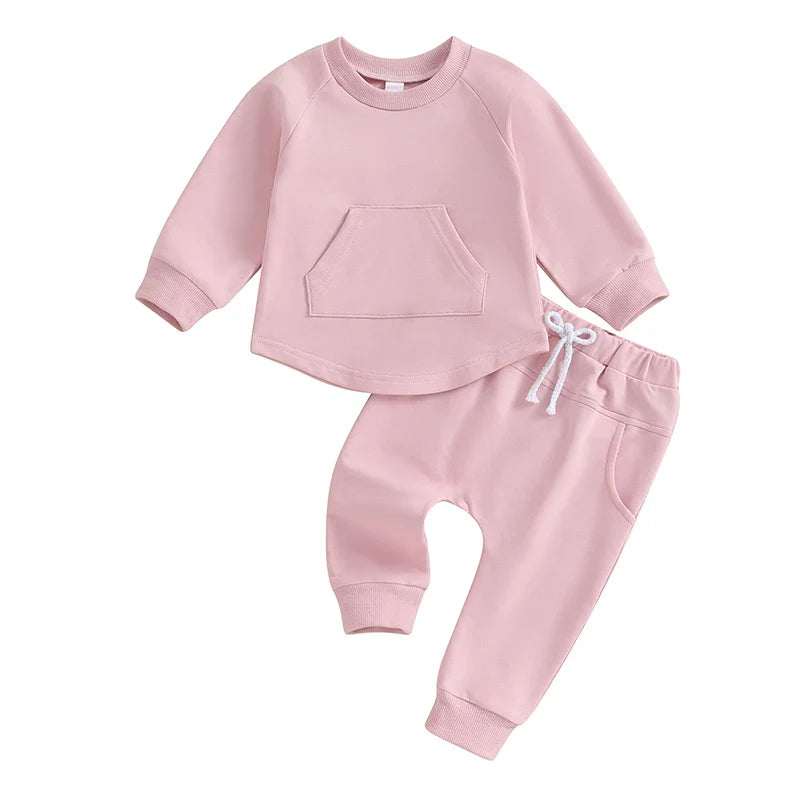 TODDLER BABY BOY GIRL 2PCS SET CREWNECK SOLID COLOR LONG SLEEVE TOP WITH POCKET JOGGER PANTS OUTFIT