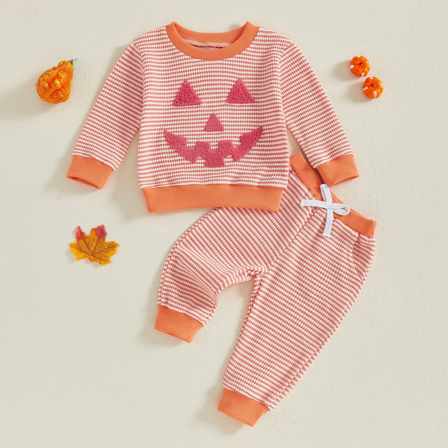 TODDLER BOYS HALLOWEEN 2PCS PANTS SETS LONG SLEEVE O NECK PUMPKIN EMBROIDERY TOPS STRIPED PANTS SETS