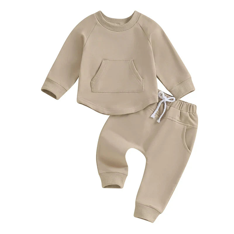 TODDLER BABY BOY GIRL 2PCS SET CREWNECK SOLID COLOR LONG SLEEVE TOP WITH POCKET JOGGER PANTS OUTFIT