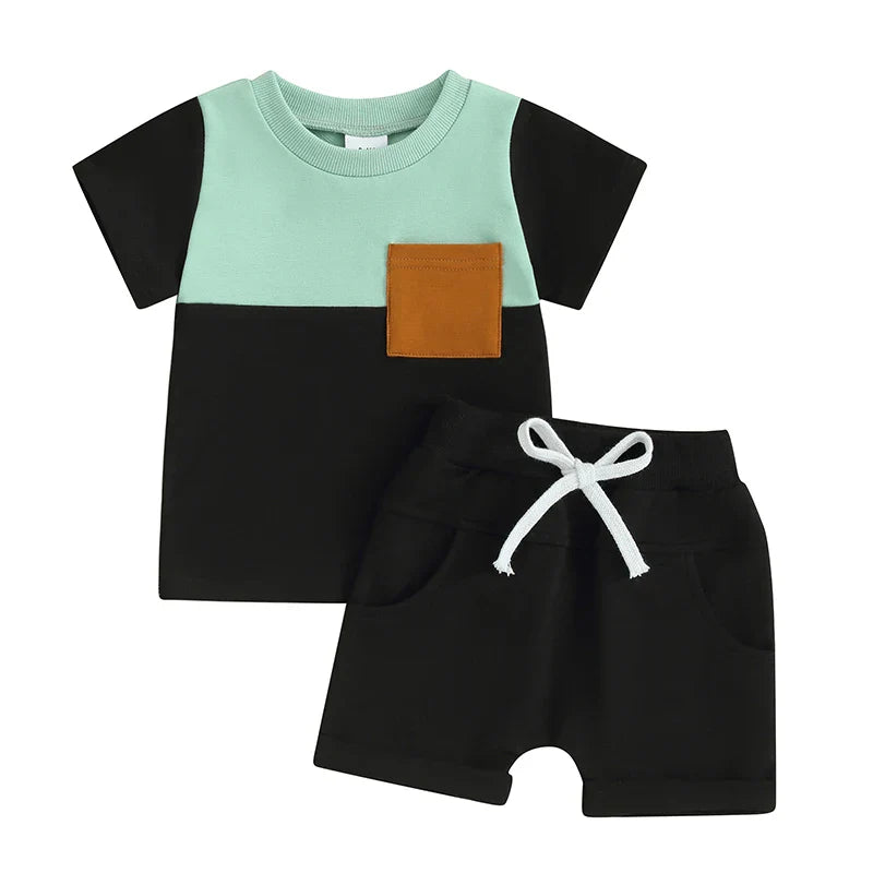 TODDLER BABY BOY 2PCS SUMMER CLOTHES COLOR BLOCK SHORT SLEEVE T-SHIRT SHORTS SET
