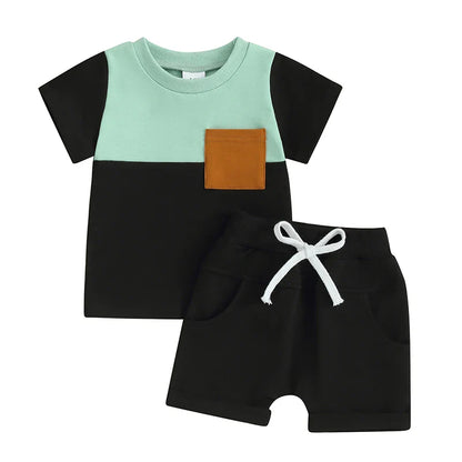TODDLER BABY BOY 2PCS SUMMER CLOTHES COLOR BLOCK SHORT SLEEVE T-SHIRT SHORTS SET