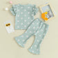 TODDLER KIDS GIRL 2PCS SUMMER OUTFIT RUFFLE SHORT SLEEVE FLORAL FLOWERS PRINT TOP + BELL BOTTOM PANTS SET CLOTHES