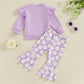 TODDLER KIDS GIRLS 2PCS FALL OUTFIT FLYING SLEEVE SOLID COLOR PULLOVER TOP WITH FLOWER FLORAL FLARED PANTS SET