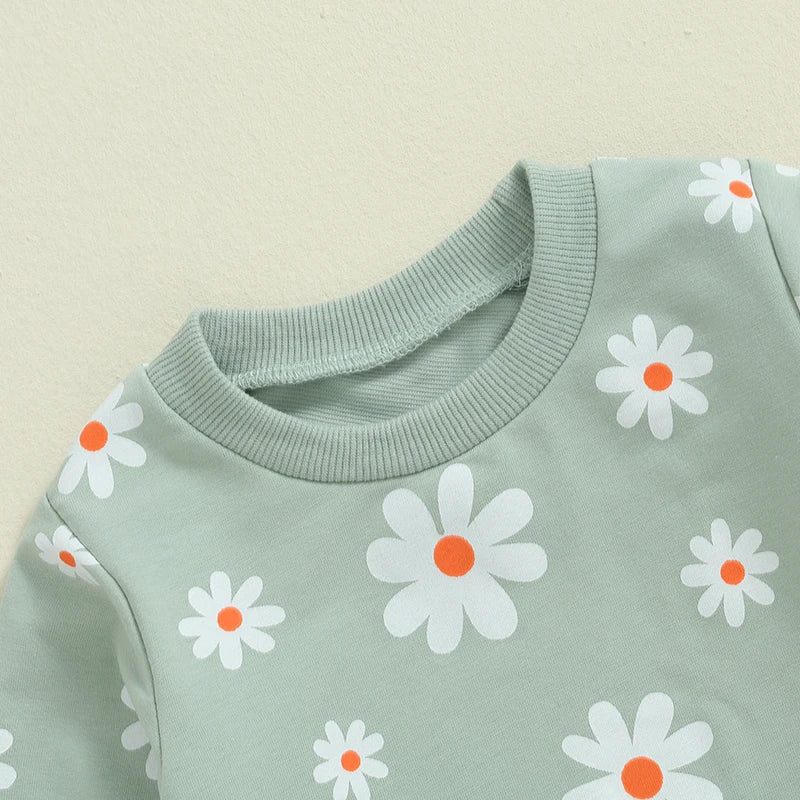 TODDLER KIDS GIRLS 2PCS FALL OUTFIT FLOWER DAISY PRINT LONG SLEEVE CREWNECK TOP ELASTIC WAIST PANTS WITH POCKETS SET