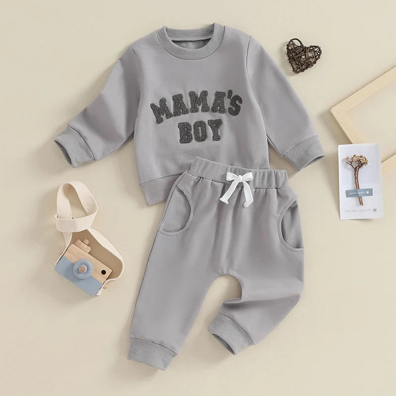 TODDLER BABY BOY 2PCS FALL WINTER OUTFITS LONG SLEEVE LETTER MAMA'S BOY CREWNECK TOP JOGGER PANTS SET