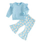 TODDLER KIDS GIRLS 2PCS FALL OUTFIT FLYING SLEEVE SOLID COLOR PULLOVER TOP WITH FLOWER FLORAL FLARED PANTS SET