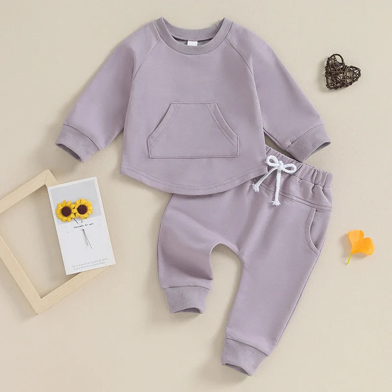 TODDLER BABY BOY GIRL 2PCS SET CREWNECK SOLID COLOR LONG SLEEVE TOP WITH POCKET JOGGER PANTS OUTFIT