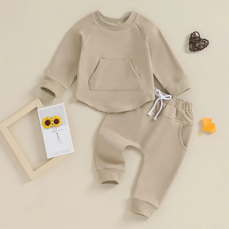 TODDLER BABY BOY GIRL 2PCS SET CREWNECK SOLID COLOR LONG SLEEVE TOP WITH POCKET JOGGER PANTS OUTFIT