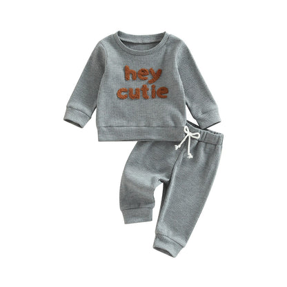 TODDLER BABY GIRL BOY 2PCS HEY CUTIE OUTFIT LONG SLEEVE RIBBED KNIT TOPS PANTS SET