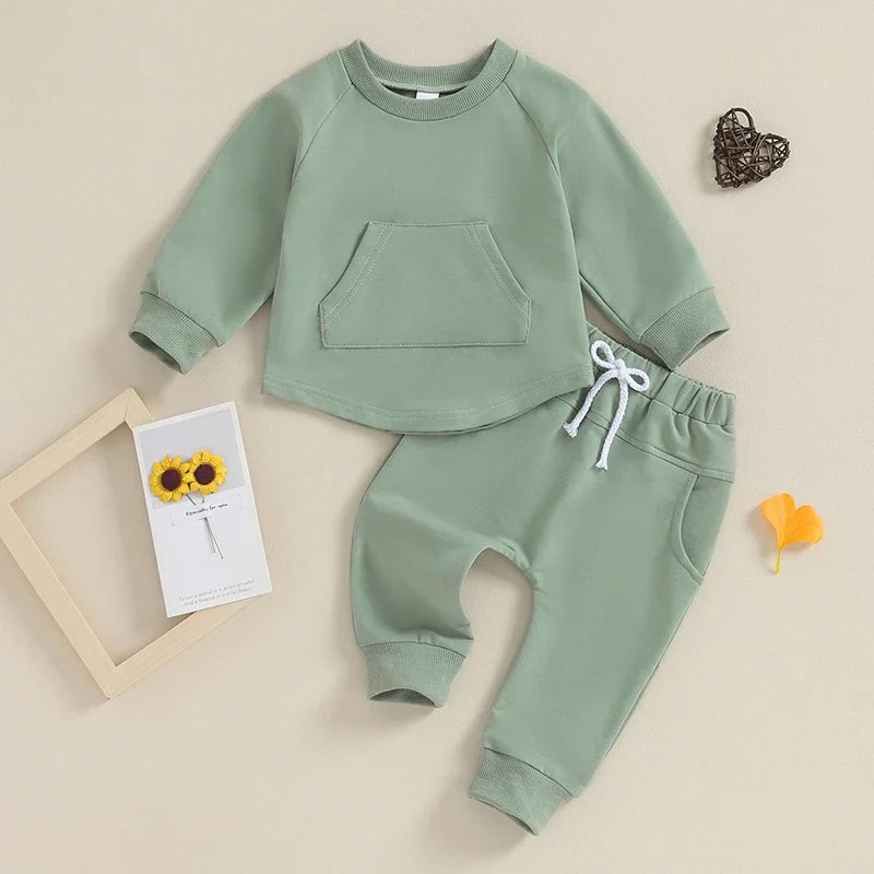 TODDLER BABY BOY GIRL 2PCS SET CREWNECK SOLID COLOR LONG SLEEVE TOP WITH POCKET JOGGER PANTS OUTFIT