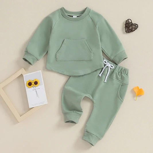 TODDLER BABY BOY GIRL 2PCS SET CREWNECK SOLID COLOR LONG SLEEVE TOP WITH POCKET JOGGER PANTS OUTFIT