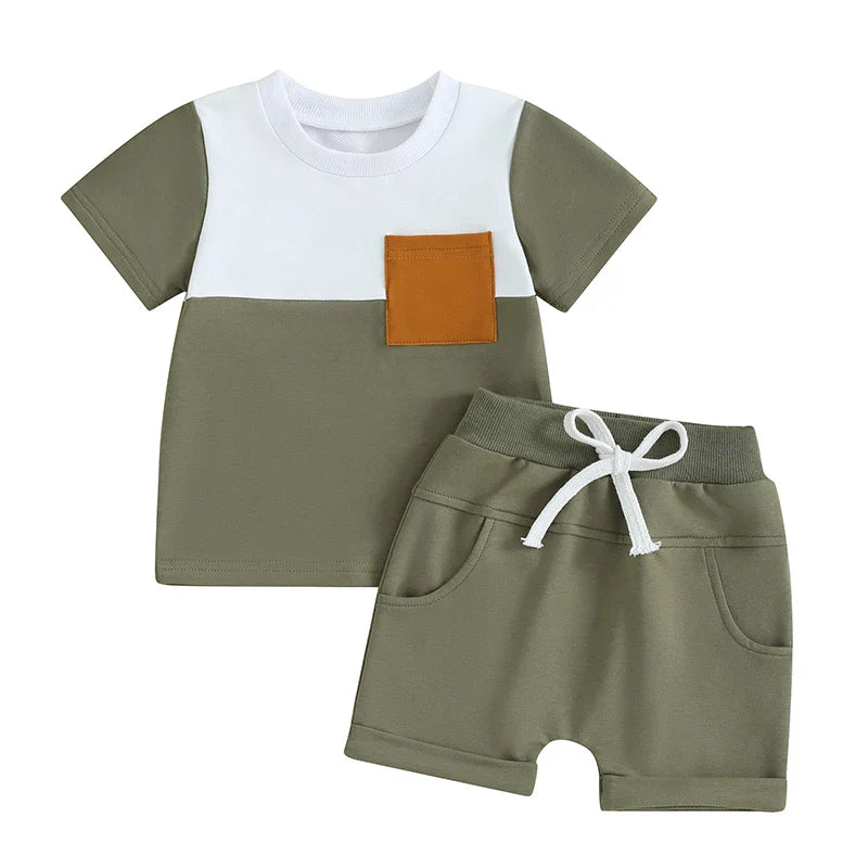TODDLER BABY BOY 2PCS SUMMER CLOTHES COLOR BLOCK SHORT SLEEVE T-SHIRT SHORTS SET
