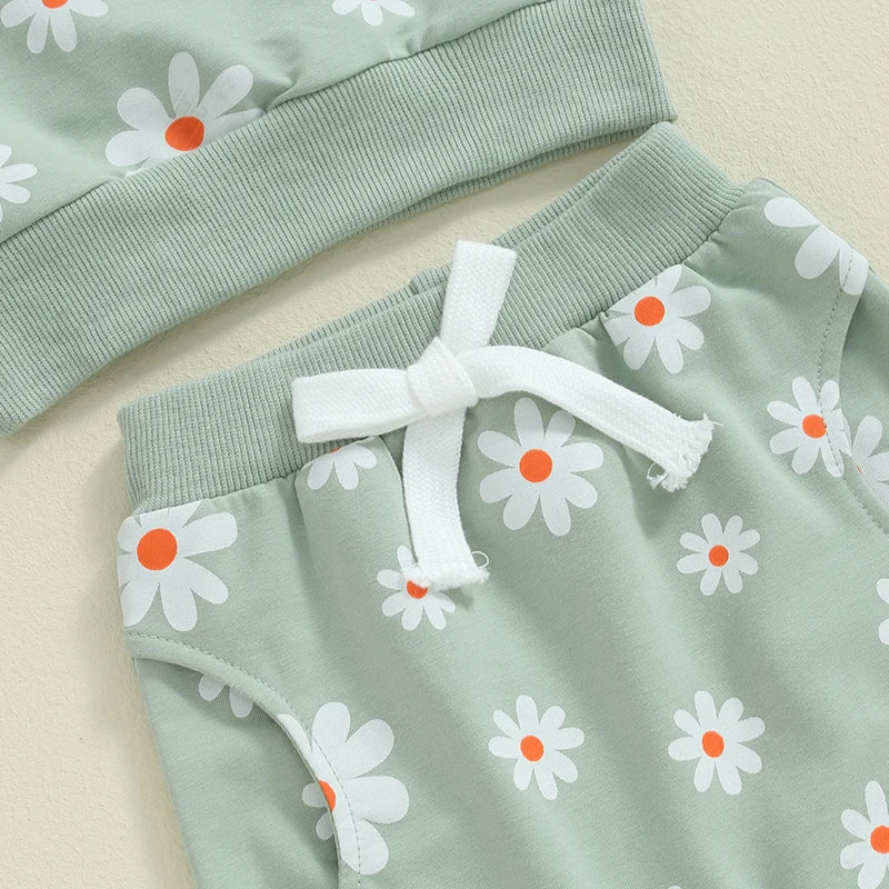TODDLER KIDS GIRLS 2PCS FALL OUTFIT FLOWER DAISY PRINT LONG SLEEVE CREWNECK TOP ELASTIC WAIST PANTS WITH POCKETS SET