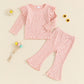 TODDLER KIDS GIRLS 2PCS FALL OUTFIT RUFFLE FLOWER PRINT LONG SLEEVE TOP + FLARE PANTS SET