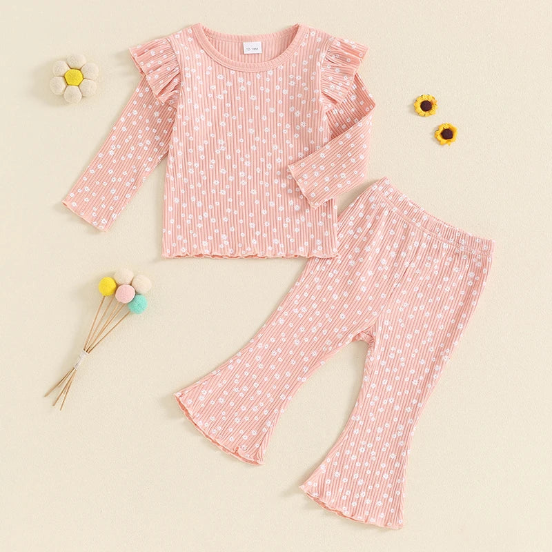 TODDLER KIDS GIRLS 2PCS FALL OUTFIT RUFFLE FLOWER PRINT LONG SLEEVE TOP + FLARE PANTS SET