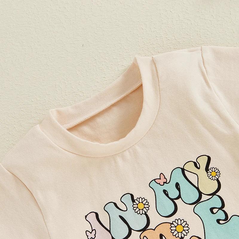 TODDLER KIDS GIRLS IN MY PRESCHOOL ERA BACK TO SCHOOL COLORFUL LETTER & FLORAL FLOWERS PRINT ROUND NECK SHORT SLEEVE TOP