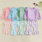 TODDLER KIDS GIRLS 2PCS FALL OUTFIT FLYING SLEEVE SOLID COLOR PULLOVER TOP WITH FLOWER FLORAL FLARED PANTS SET