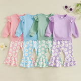 TODDLER KIDS GIRLS 2PCS FALL OUTFIT FLYING SLEEVE SOLID COLOR PULLOVER TOP WITH FLOWER FLORAL FLARED PANTS SET