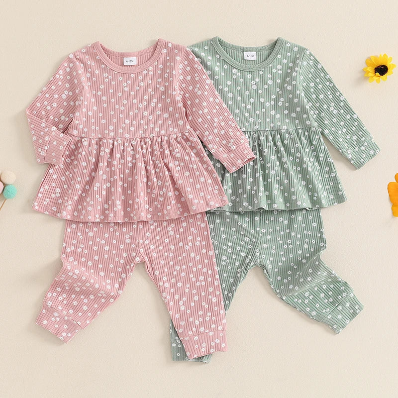 TODDLER KIDS GIRLS 2PCS FALL OUTFIT FLORAL FLOWERS PRINT CREW NECK LONG SLEEVE BABYGIRL TOP ELASTIC WAIST LONG PANTS SET