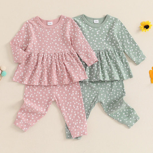 TODDLER KIDS GIRLS 2PCS FALL OUTFIT FLORAL FLOWERS PRINT CREW NECK LONG SLEEVE BABYGIRL TOP ELASTIC WAIST LONG PANTS SET