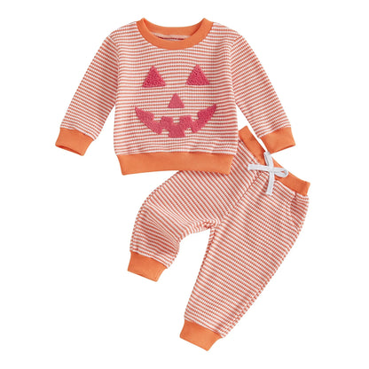 TODDLER BOYS HALLOWEEN 2PCS PANTS SETS LONG SLEEVE O NECK PUMPKIN EMBROIDERY TOPS STRIPED PANTS SETS