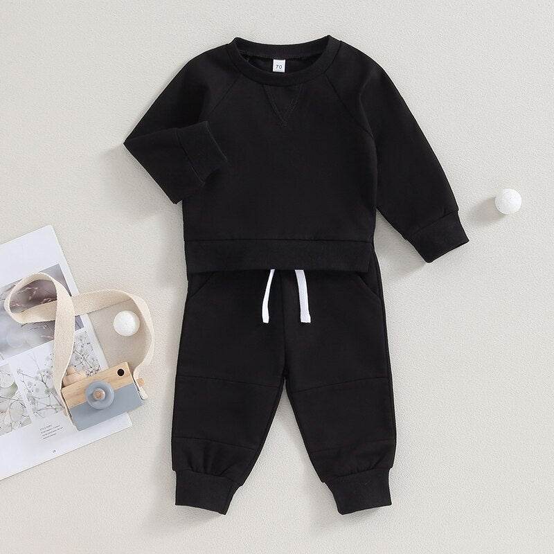 TODDLER BABY BOYS GIRLS 2PCS FALL OUTFITS LONG SLEEVE SPLIT HEM TOPS POCKET PANTS SOLID COLOR CLOTHES SETS