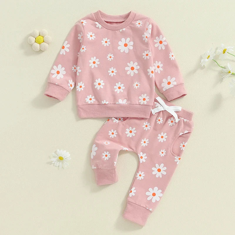 TODDLER KIDS GIRLS 2PCS FALL OUTFIT FLOWER DAISY PRINT LONG SLEEVE CREWNECK TOP ELASTIC WAIST PANTS WITH POCKETS SET