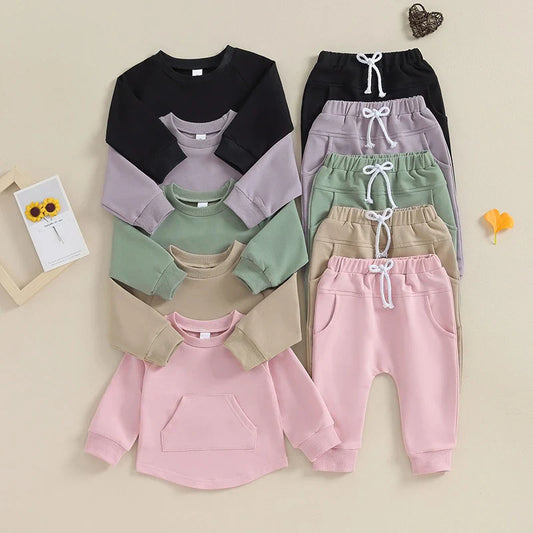 TODDLER BABY BOY GIRL 2PCS SET CREWNECK SOLID COLOR LONG SLEEVE TOP WITH POCKET JOGGER PANTS OUTFIT