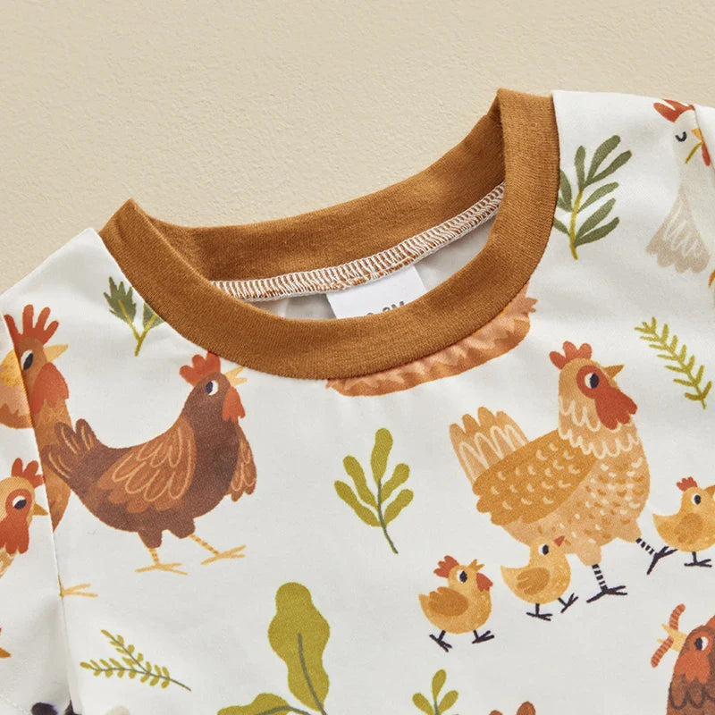 TODDLER BABY BOY 2PCS FARM CLOTHES CHICKENS ANIMALS PRINT SHIRT SHORTS OUTFIT SET