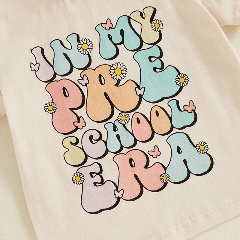 TODDLER KIDS GIRLS IN MY PRESCHOOL ERA BACK TO SCHOOL COLORFUL LETTER & FLORAL FLOWERS PRINT ROUND NECK SHORT SLEEVE TOP