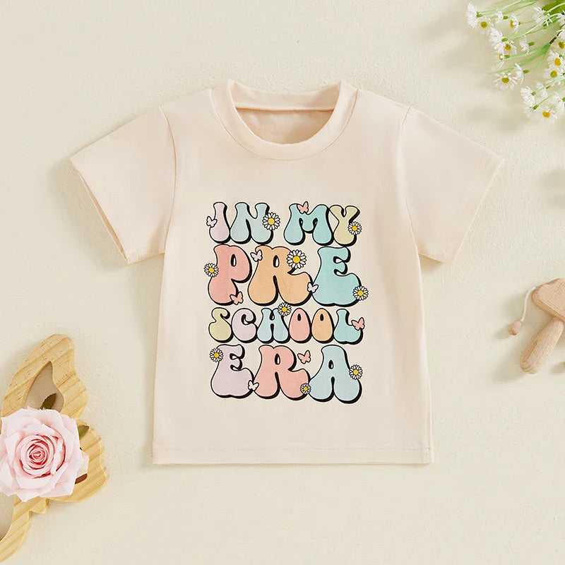 TODDLER KIDS GIRLS IN MY PRESCHOOL ERA BACK TO SCHOOL COLORFUL LETTER & FLORAL FLOWERS PRINT ROUND NECK SHORT SLEEVE TOP