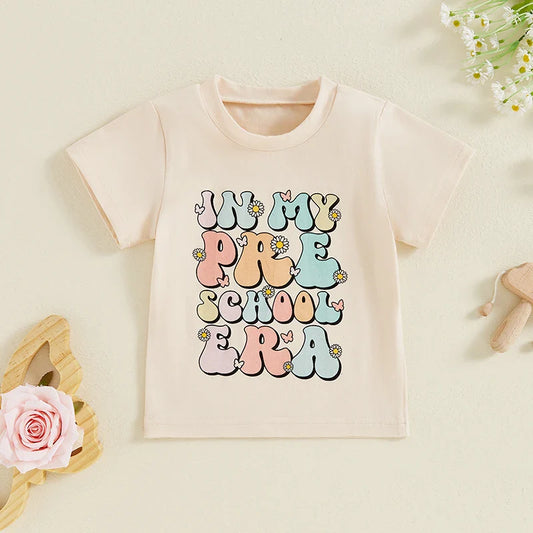 TODDLER KIDS GIRLS IN MY PRESCHOOL ERA BACK TO SCHOOL COLORFUL LETTER & FLORAL FLOWERS PRINT ROUND NECK SHORT SLEEVE TOP