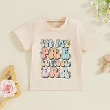 TODDLER KIDS GIRLS IN MY PRESCHOOL ERA BACK TO SCHOOL COLORFUL LETTER & FLORAL FLOWERS PRINT ROUND NECK SHORT SLEEVE TOP