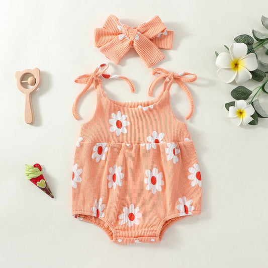 TODDLER BABY GIRL JUMPSUIT SET SUMMER FLORAL PRINT TIE TANK ROMPER STRETCH HEADBAND OUTFIT