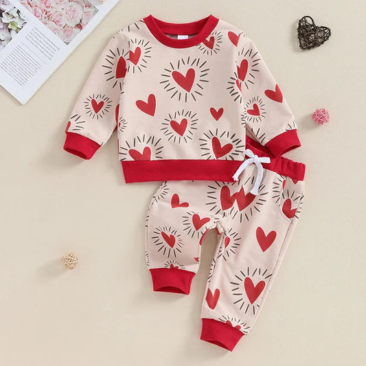 TODDLER BABY BOY GIRL 2PCS VALENTINE’S DAY OUTFIT LONG SLEEVE HEART TOP + PANTS SET