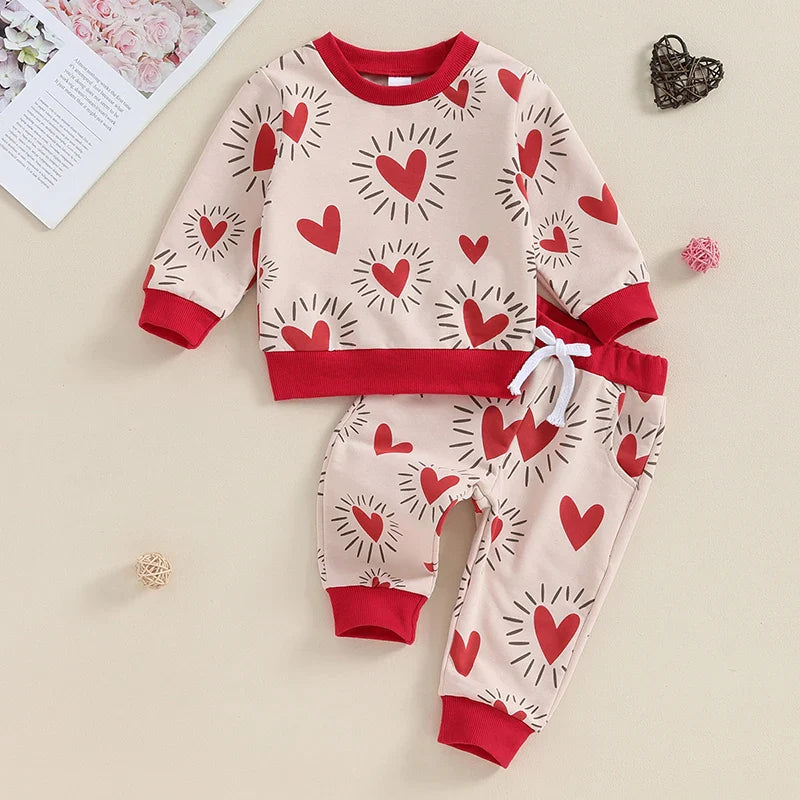 TODDLER BABY BOY GIRL 2PCS VALENTINE’S DAY OUTFIT LONG SLEEVE HEART TOP + PANTS SET