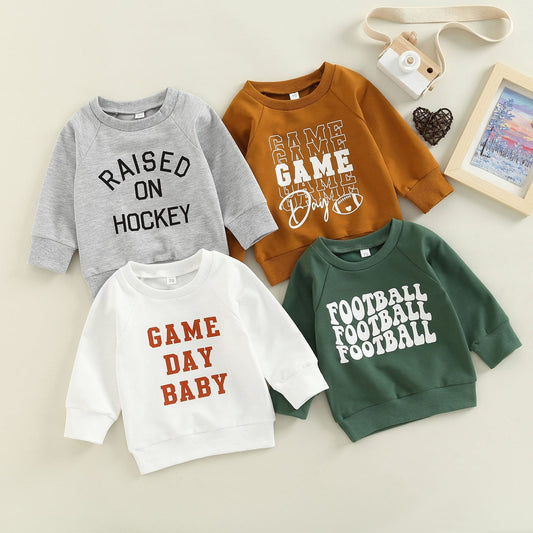 0-3YEARS INFANT BABY BOY GIRL CASUAL PULLOVERS LONG SLEEVE GAME DAY FOOTBALL HOCKEY PRINT RIBBED CUFFS SWEATSHIRT TOP