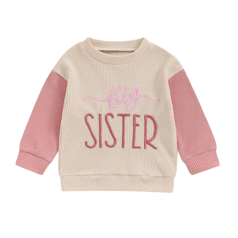 TODDLER KIDS BIG BROTHER / SISTER PULLOVER LETTER EMBROIDERY ROUND NECK CONTRASTING COLOR LONG SLEEVE WAFFLE TOP