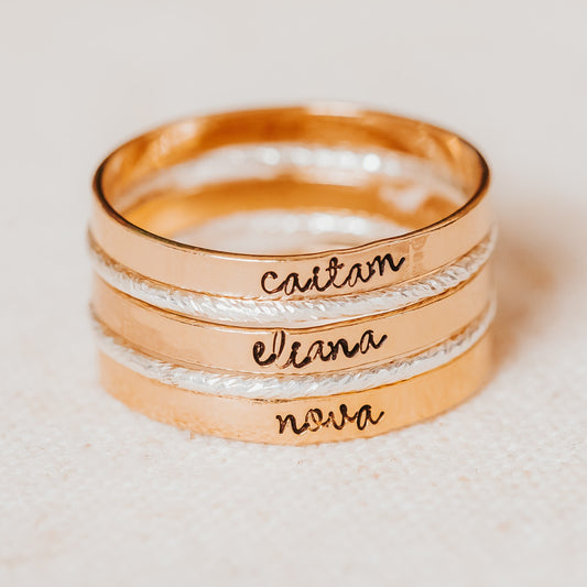 CUSTOM GOLD OR SILVER STACKING NAME RING