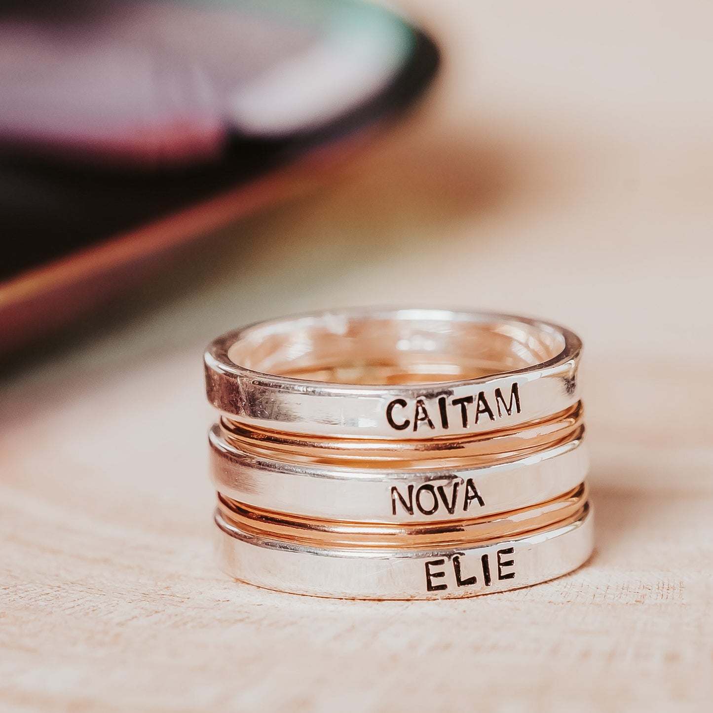 CUSTOM GOLD OR SILVER STACKING NAME RING