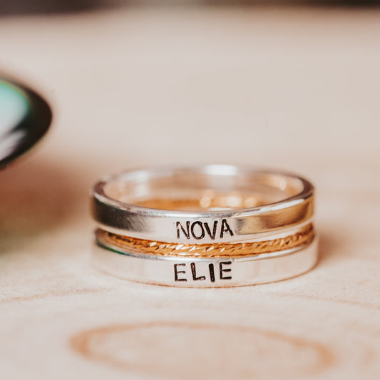 CUSTOM GOLD OR SILVER STACKING NAME RING