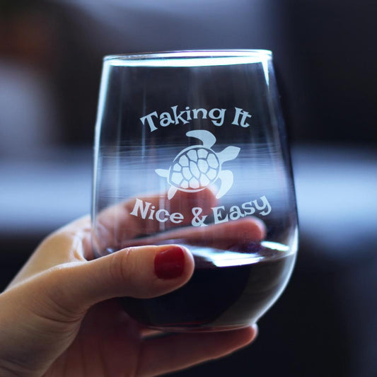TAKING IT NICE & EASY - SEA TURTLE STEMLESS WINE GLASS - LARGE GLASSWARE - UNIQUE FUNNY ETCHED TURTLES GIFT GLASSES