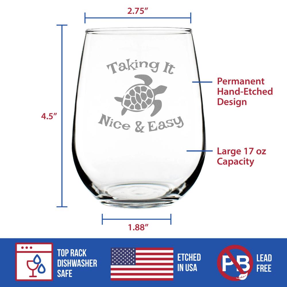 TAKING IT NICE & EASY - SEA TURTLE STEMLESS WINE GLASS - LARGE GLASSWARE - UNIQUE FUNNY ETCHED TURTLES GIFT GLASSES