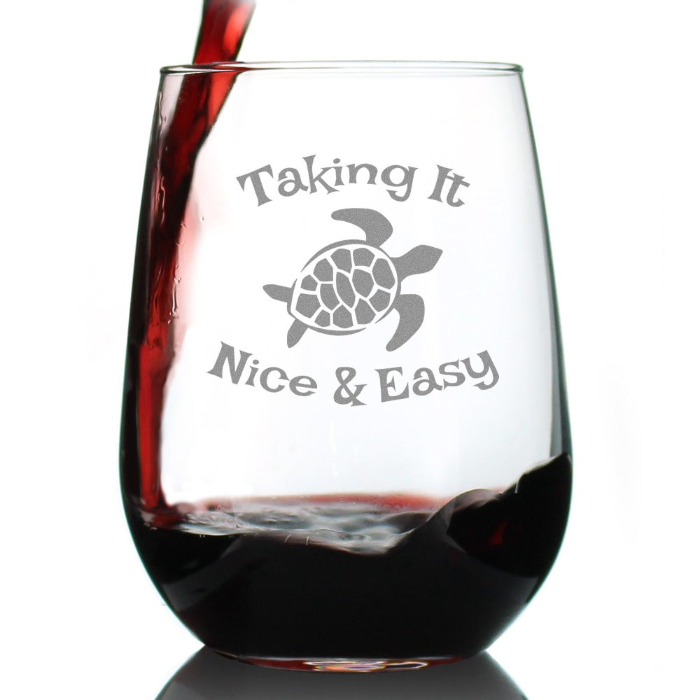 TAKING IT NICE & EASY - SEA TURTLE STEMLESS WINE GLASS - LARGE GLASSWARE - UNIQUE FUNNY ETCHED TURTLES GIFT GLASSES
